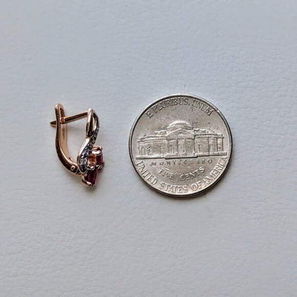 Russian Russia Solid 14K Rose Pink Gold Ruby Diamond Cluster Pierced Earrings - Picture 11 of 15